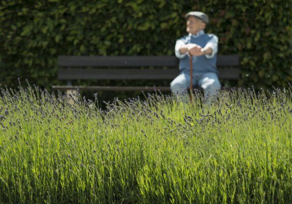 Happy old man sitting on park bench